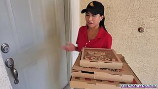 Jay Romero and Rion King wish some pizza and Ember Snow delivered it fresh and amazing with an extra trio service.