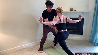 Stepson helps MILF with yoga and stretches her pinky peach