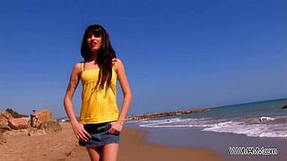 Myfirstpublic b. dark-haired convince dude on the beach to shag her dripping pinky peach