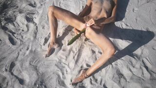 Newbie Nudist 18Yo Fucks her Rigid Vagina with a Giant Cucumber on a Outside Beach. Ends with a Pee.