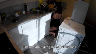 Excited Woman Seduces Plumber in the Kitchen while Husband at Work