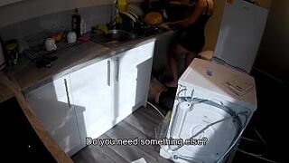 Excited lady seduces a plumber in the kitchen while her husband at work.