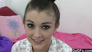 Brown-Haired 18yo bitch spreads for creaming the cock