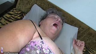 Old chubby MILF teaches her chubby y. wife masturbating use sex toy