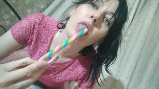 She Sucks a Lollipop and Shoves it in her Hairy Pinky Peach GinnaGg