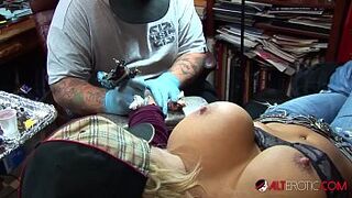 Shyla Stylez gets tattooed while playing with her bobbies