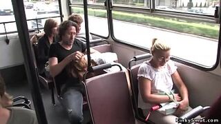 Chestnut appealing fucking in public space bus