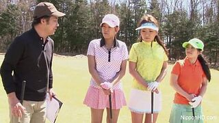 Asian adolescent ladies plays golf naked