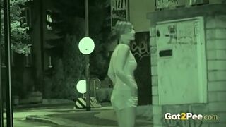 Open Space Pissing - Night vision catches a cutie European peeing public