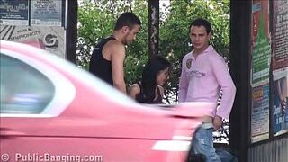 A giant natural breasted dark-haired in outdoors street bus stop sex in three orgy gang fuck with two hung men with huge dicks fucking her with a oral sex and vaginal vagina sexual intercourse action in front of all the car, bus, and truck drivers and peo